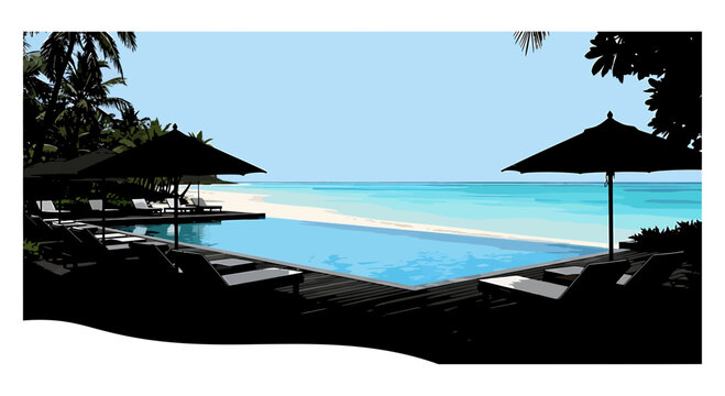 Tropical Resort Infinity Pool with Ocean View Vector Illustration