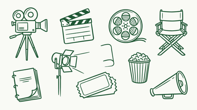 A collection of hand-drawn green line art icons representing various elements of filmmaking and cinema.