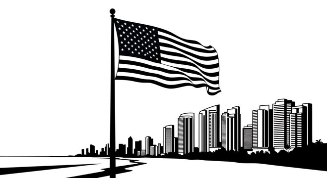 Black and White US Flag over Coastal City Skyline Vector Illustration