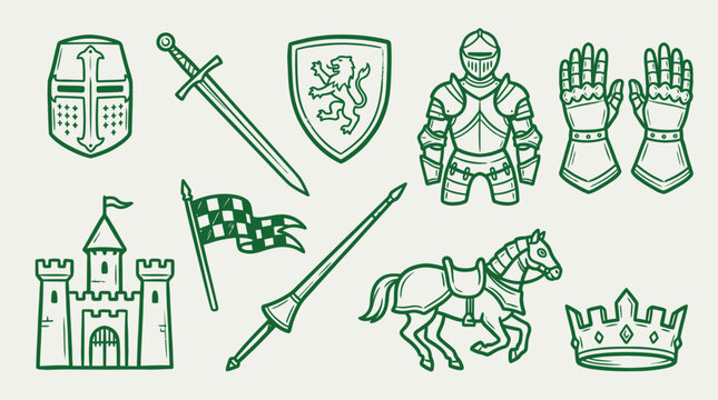 A collection of medieval knightly and castle-related icons, including a helmet, sword, shield, armor, gauntlets, castle, flag, lance, horse, and crown, all in a green outline style.