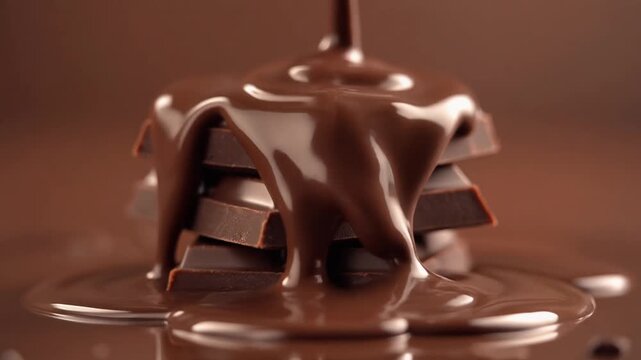 Melted chocolate pouring over a stack of chocolate bars
