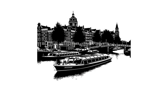 Amsterdam Canal Cityscape Vector Illustration in Black and White