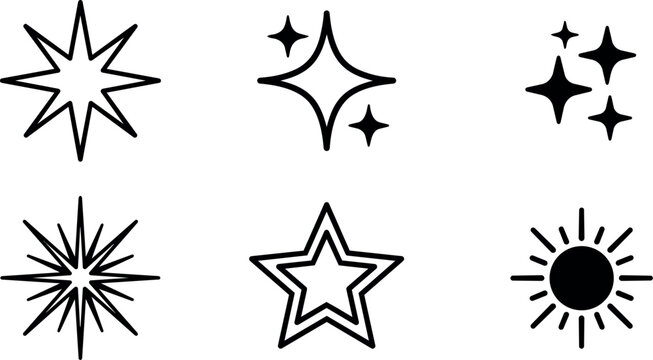 Black and white star and sparkle vector line art icons set