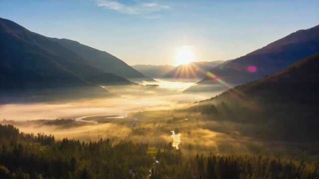Golden sunrise illuminates misty valley with winding river and evergreen forest below mountain slopes.