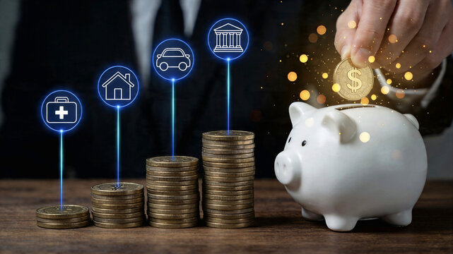 Business Man Putting Gold Coin into White Piggy Bank for Financial Planning and Future Savings Concept