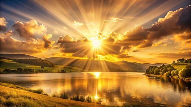 A photo of a radiant burst of gold rays illuminating the sky, casting a warm glow over rolling hills and shimmering water
