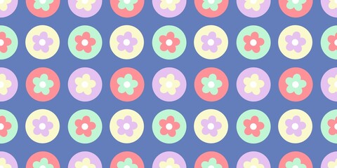 Naklejka premium Seamless floral pattern with colorful blossoms in circles on denim blue. Playful geometric daisy design for kid fashion, retro textiles, and cute wrapping paper.