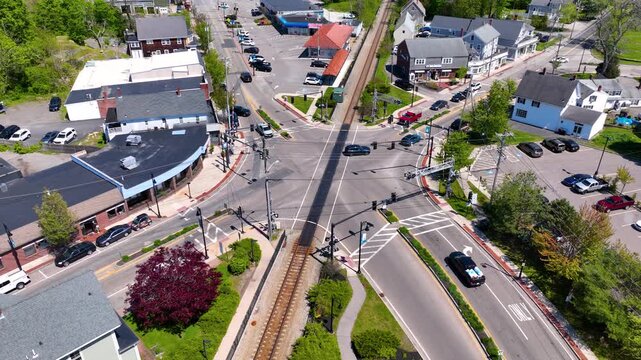 North Scituate historic village center aerial view on Country Way at Gannett Road in spring, town of Scituate, Massachusetts MA, USA. 
