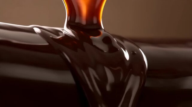 Glossy dark chocolate sauce elegantly flowing over a rich, decadent dessert surface, creating a luxurious and enticing visual