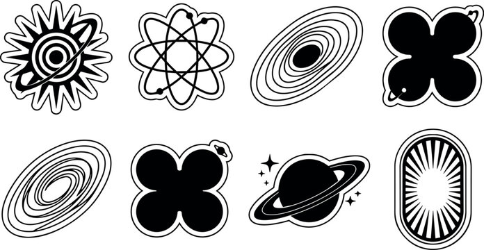 Black and white vector icons of planets galaxies and atomic structure in flat design