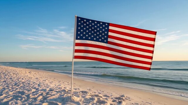 United States Flag on Pristine Beach at Sunset Symbolizing the American Dream and Summer Holidays