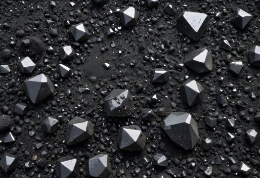 Top View of Rough Black Pebbles and Dark Gravel Texture