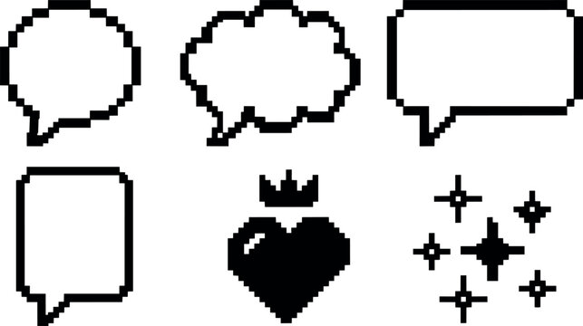 Pixel art black heart with crown and speech bubbles vector illustration