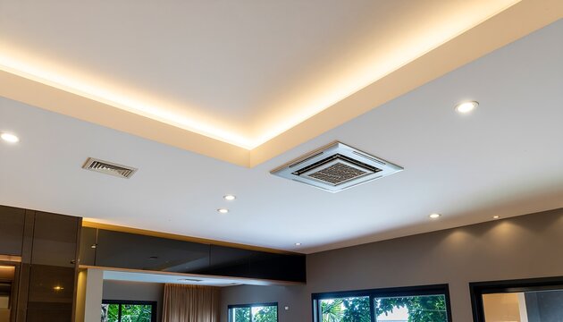 A modern ceiling design featuring recessed lighting, cove lighting, and a central air conditioning unit, creating a well-lit and comfortable indoor environment.