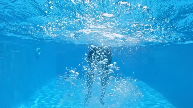 Underwater shot of a scuba diver swimming down with rising bubbles in clear blue water.