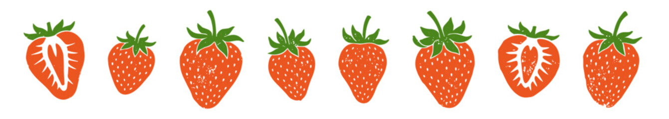 Block print style strawberry fruit illustration, hand carved etched berry with leaves ／ 版画風の苺 © BN studio
