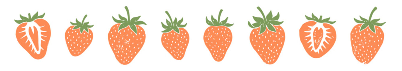 Block print style strawberry fruit illustration, hand carved etched berry with leaves ／ 版画風の苺 © BN studio