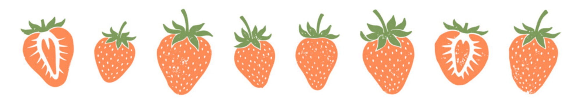 Block print style strawberry fruit illustration, hand carved etched berry with leaves ／ 版画風の苺