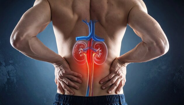 A man's bare back with hands on hips and a highlighted kidney area