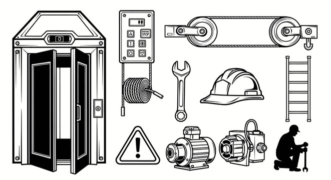 Elevator Maintenance and Industrial Machinery Component Vector Set