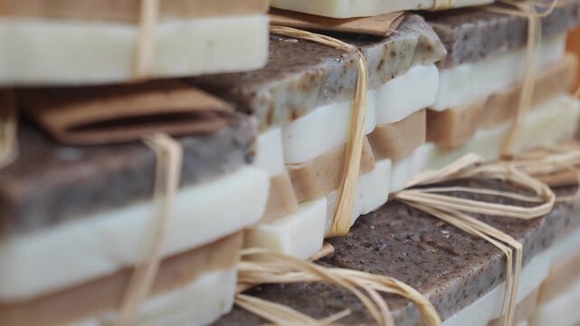 Handmade layered bar soaps stacked in neat piles tied with natural raffia string.