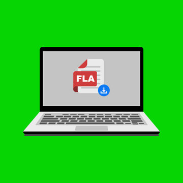 Laptop displaying FLA file download icon on screen.