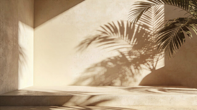 Minimalist Product Podium Background with Palm Leaf Shadow on Beige Plaster Wall