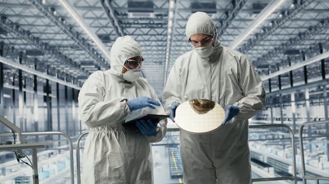 Technicians upgrade silicon wafer prototype, analyzing microelectronics parts. Teamworking specialists brainstorm semiconductor substrate hardware improvements in industry 4.0 plant, camera B closeup