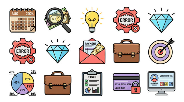 Collection of colorful business and design icons including envelopes, briefcases, lightbulbs, targets and charts.