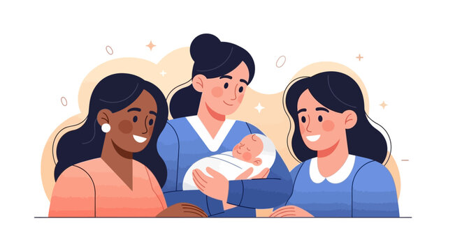 A vector illustration celebrates International Midwives' Day, showing three diverse female characters: one holding a newborn baby, with soft pastel colors and a caring mood against a clean