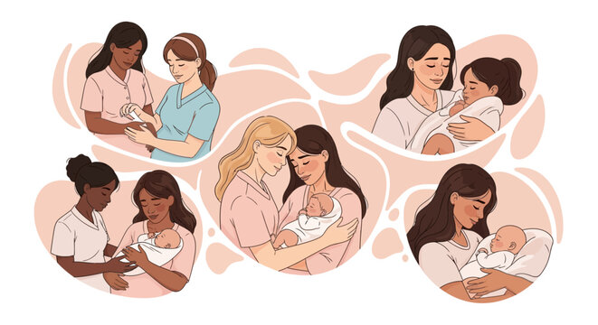 A heartwarming vector illustration celebrates the midwifery profession, depicting diverse midwives tenderly caring for newborns and mothers in a soft color palette, set against a gentle