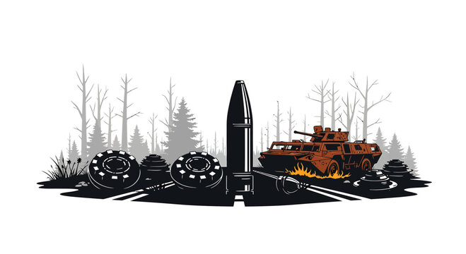 Military Armored Vehicle and Landmines in Forest Vector Illustration
