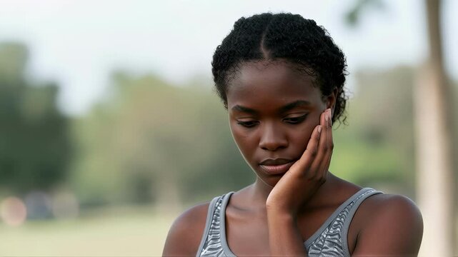 Thoughtful young woman with hand on face reflecting on life experiences in a serene outdoor setting