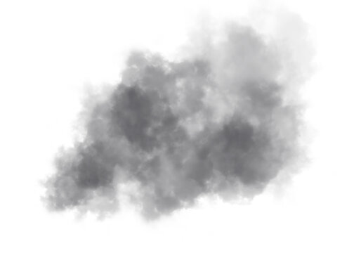 Black smoke cloud isolated on white background. Realistic fog and mist effect with soft diffusion and dense texture. Atmospheric overlay for fire, explosion, pollution and cinematic design.