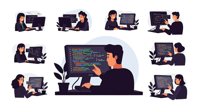 Software Developers Coding at Computers Vector Illustration Set