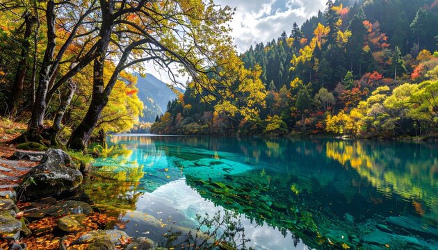 Vibrant autumn colors reflect in the crystal-clear turquoise waters of a serene mountain lake surrounded by lush forests.