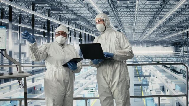 EDA engineers in microchip smart factory developing advanced electronics automation process. Experts using simulation software on devices to optimize semiconductor design flow, camera A