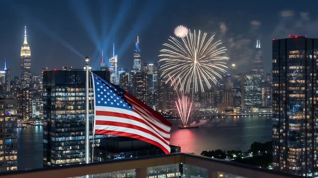 American flag flying proudly over a vibrant New York City skyline at night, illuminated by spectacular fireworks over the East River.