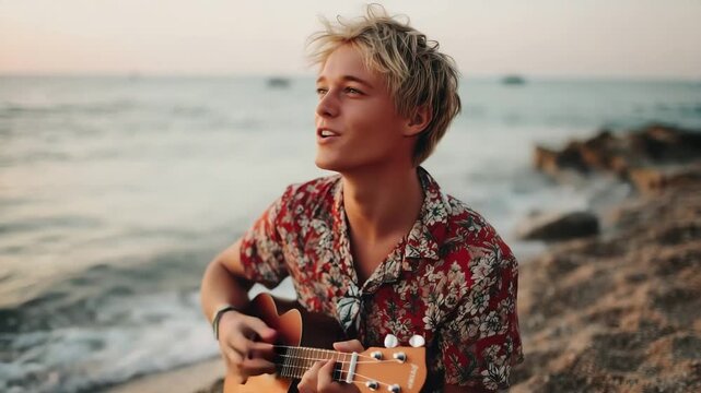 Man playing ukulele at a beach