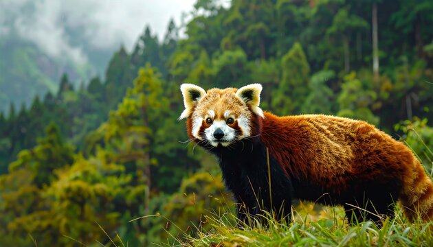 A beautiful red panda stands in green grass in a lush forest with misty mountains in the background, looking directly at the viewer.