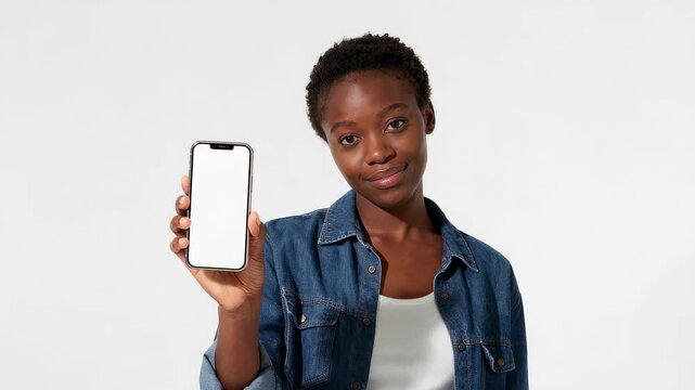 Confident young woman showing smartphone with blank screen in casual outfit on white background