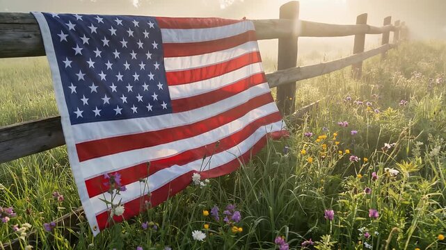 An American flag draped over a rustic wooden fence in a misty, sunlit field with wildflowers, evoking a sense of patriotism and serene natural beauty.