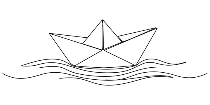 A simple black and white line drawing of a classic origami paper boat floating on gentle waves