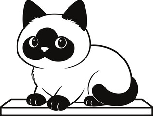 Black and white illustration of a sitting Siamese cat with dark ears, face, paws, and tail © Mariah