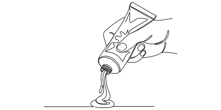A simple black and white line drawing of a human hand squeezing a tube to dispense some product