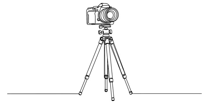 A simple black and white line drawing of a professional dslr camera mounted on a tall tripod base.