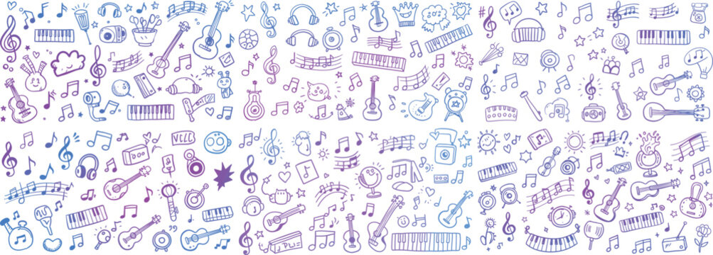Colorful musical doodles featuring instruments, notes, and playful elements in vibrant hues.