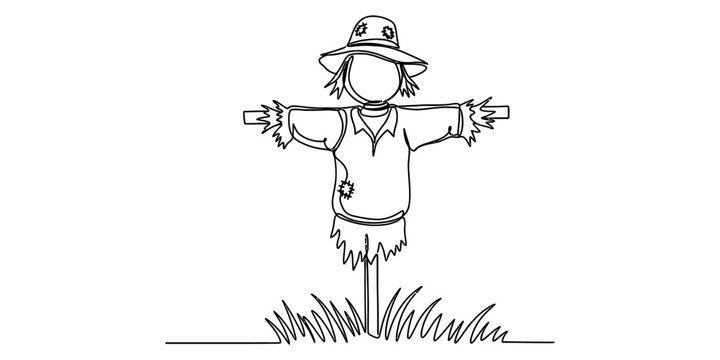 A simple black and white line drawing of a traditional farm scarecrow standing in a grassy field