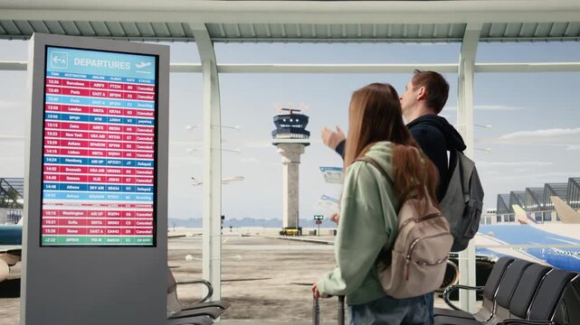 Worried passengers after announcement of all flights cancelled, with travelers reacting in panic and frustration. Terminal with grounded airplanes, postponed departures highlights travel disruption.