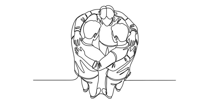 A single continuous line drawing of three men standing together in a supportive group huddle.